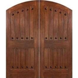 Costa Smeralda Mahogany Hurricane Impact Resistant Rated Elliptical Arch Plank Double Doors with Clavos (1-3/4")