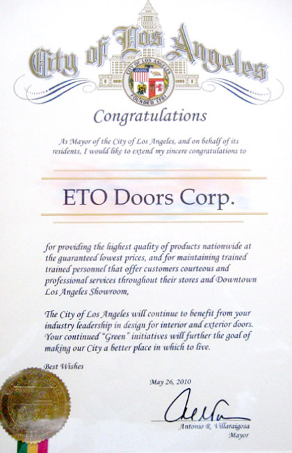 City of Los Angeles Mayoral Recognition Certificate